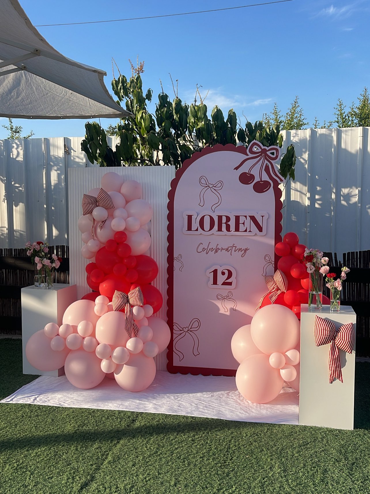 קיר צילום LOREN בגוני ורוד ואדום בחצר